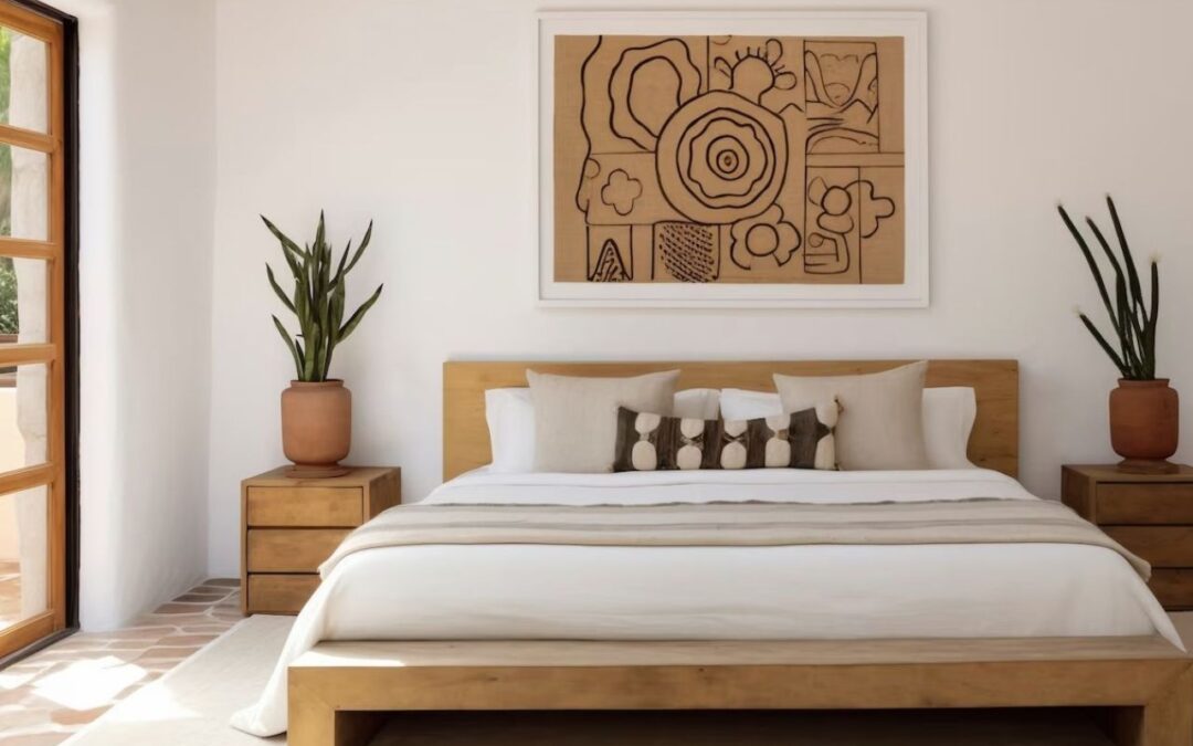 Czarująca sypialnia z drewnianymi dodatkami